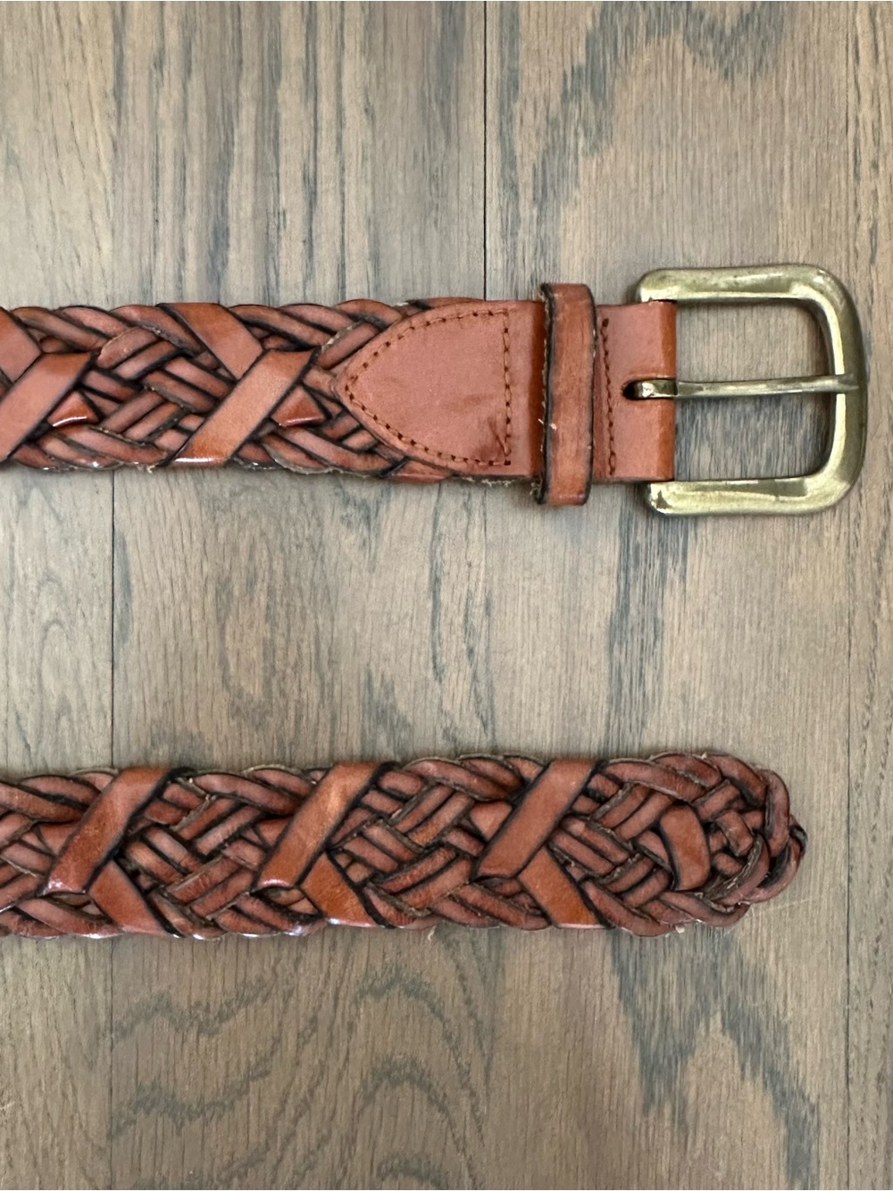 Vintage Talbots Braided Leather Belt Oversize Brass Buckle Caramel Brown Medium